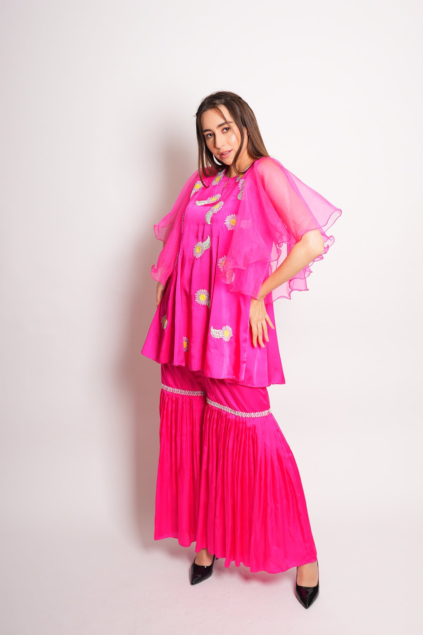 Hot Pink Satin Gharara Set with Hand Embroidered Beads Flowers