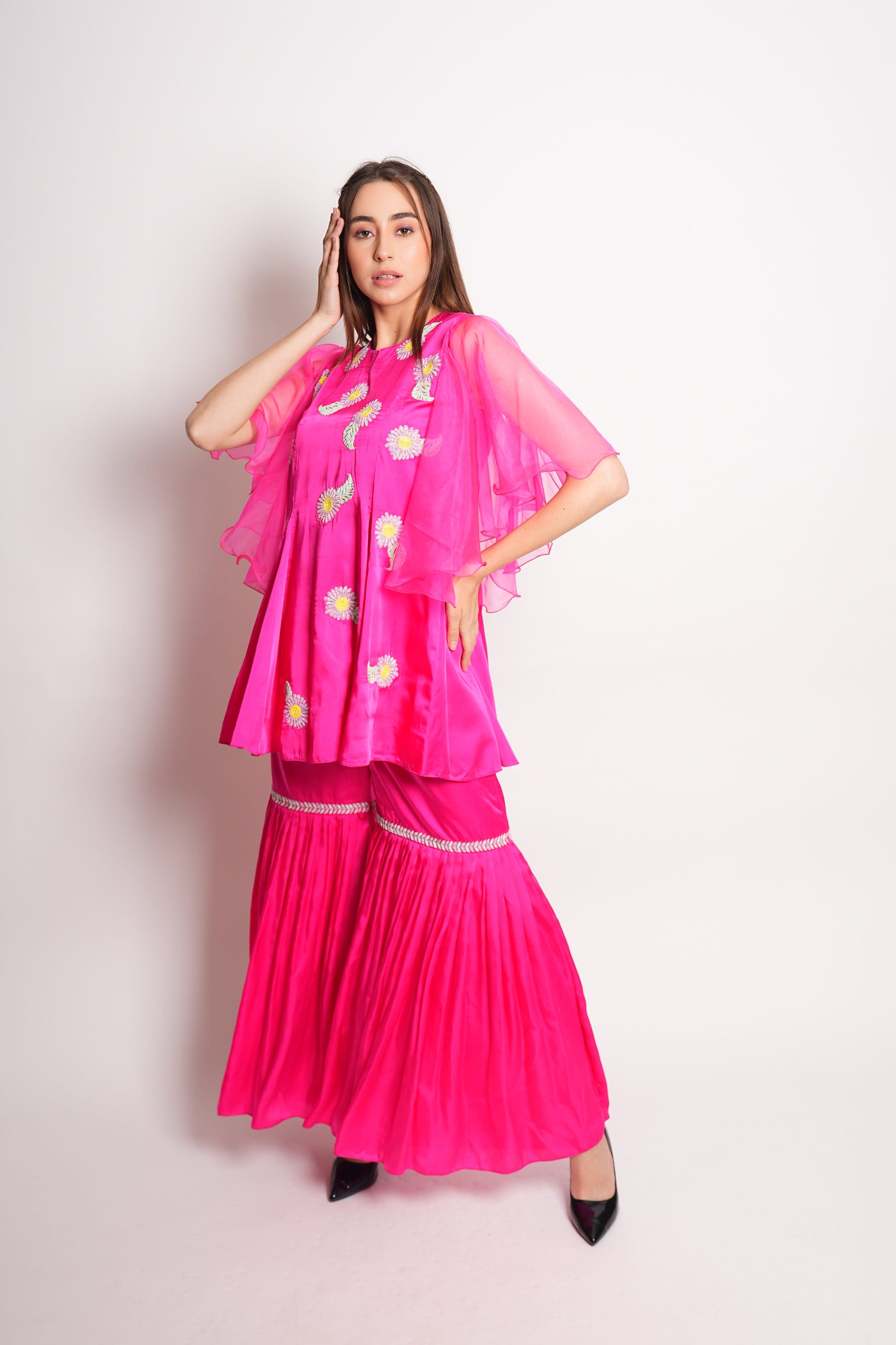 Hot Pink Satin Gharara Set with Hand Embroidered Beads Flowers