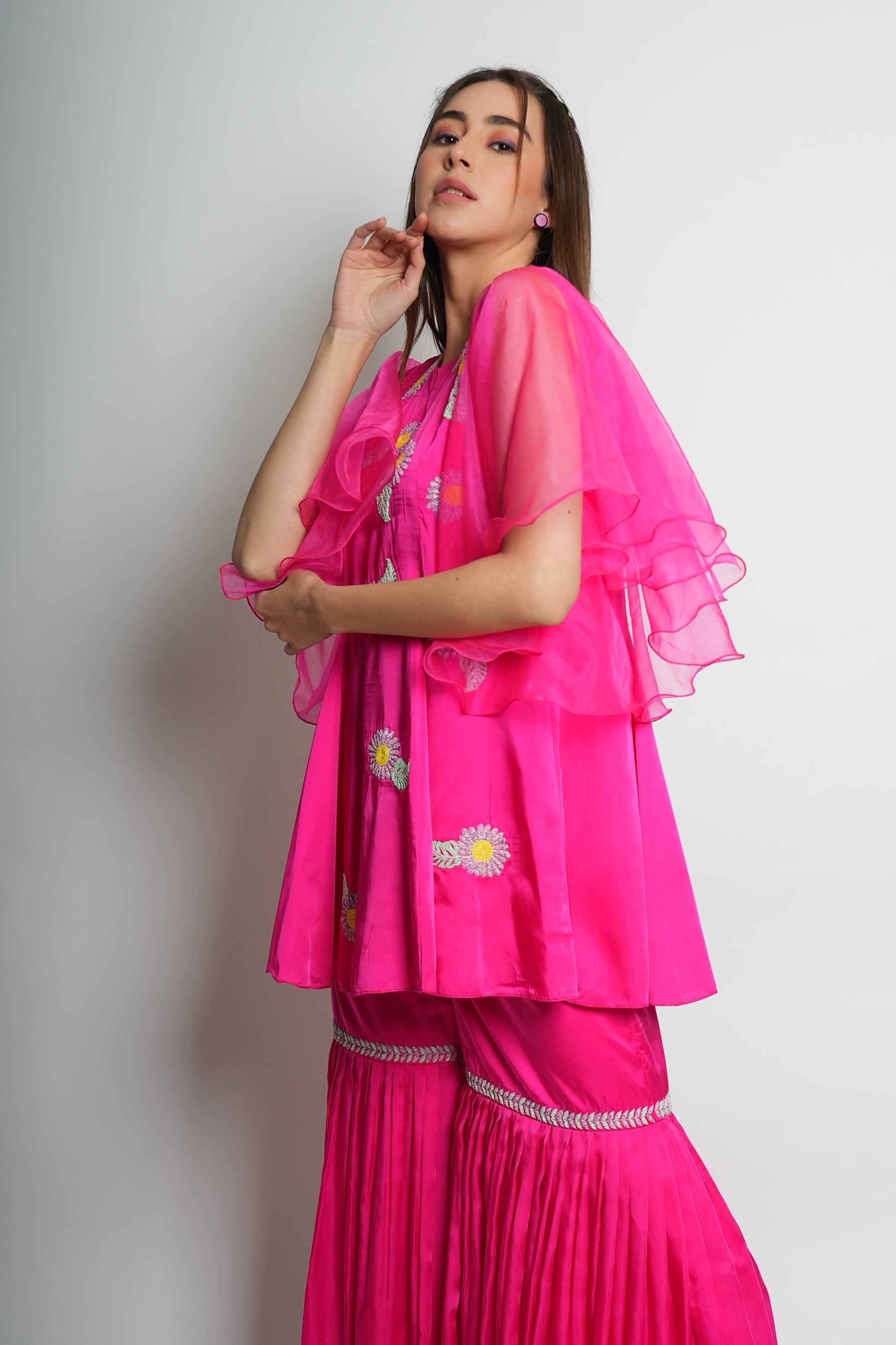 Hot Pink Satin Gharara Set with Hand Embroidered Beads Flowers