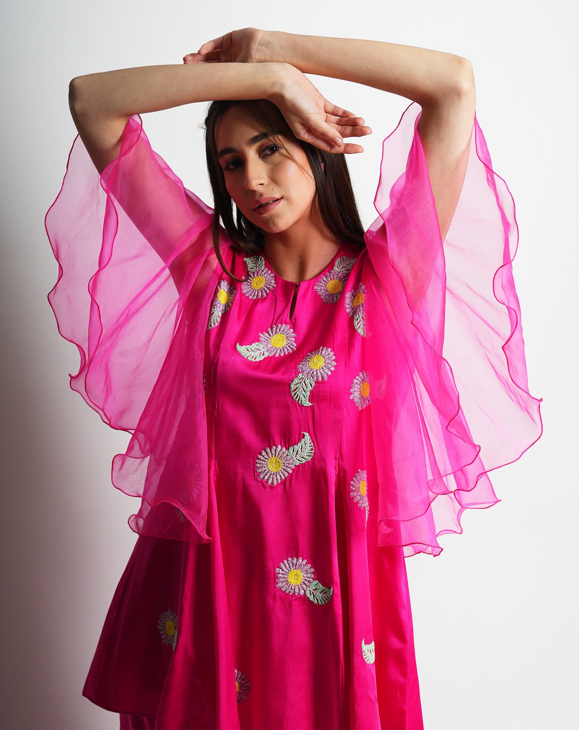 Hot Pink Satin Gharara Set with Hand Embroidered Beads Flowers