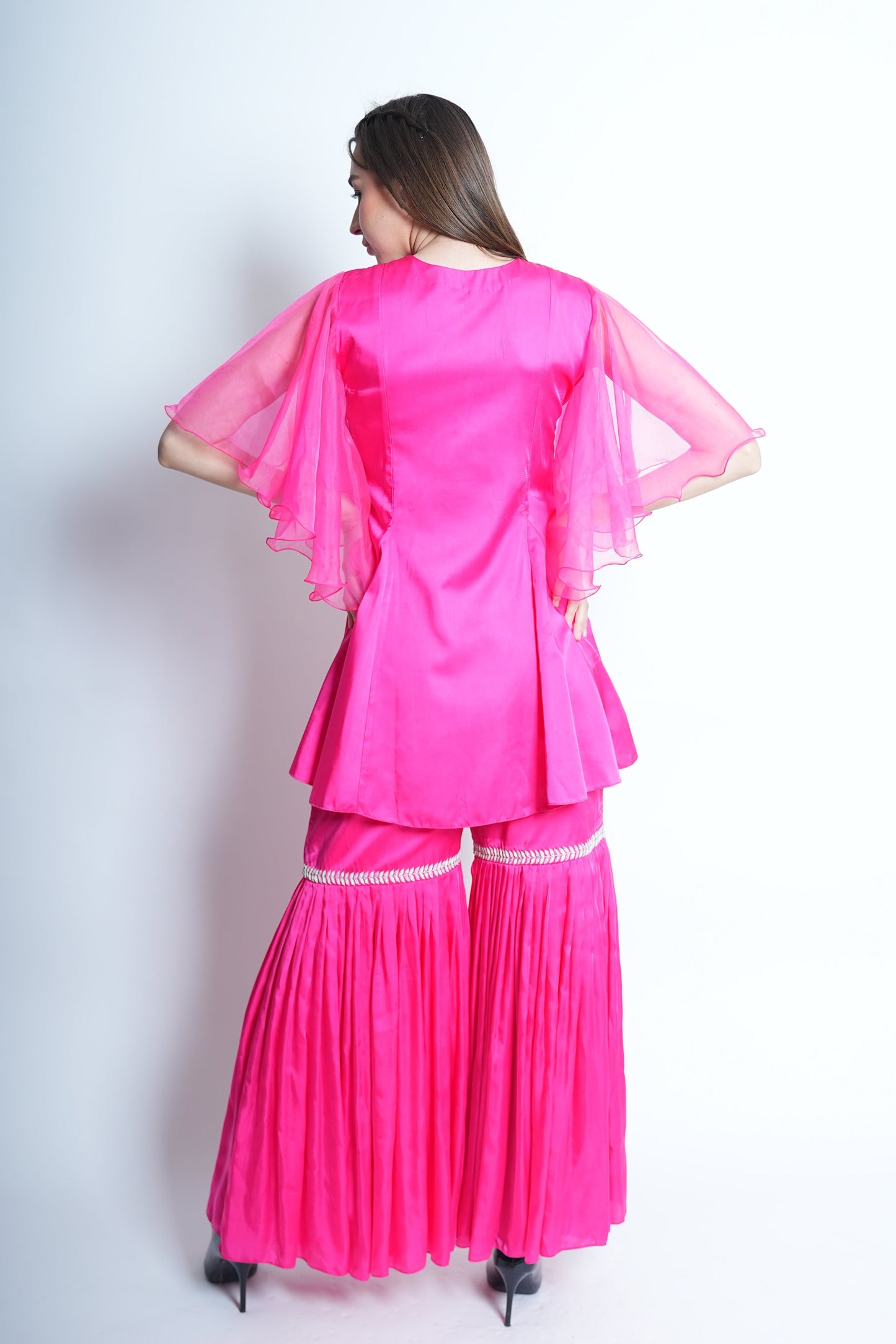 Hot Pink Satin Gharara Set with Hand Embroidered Beads Flowers