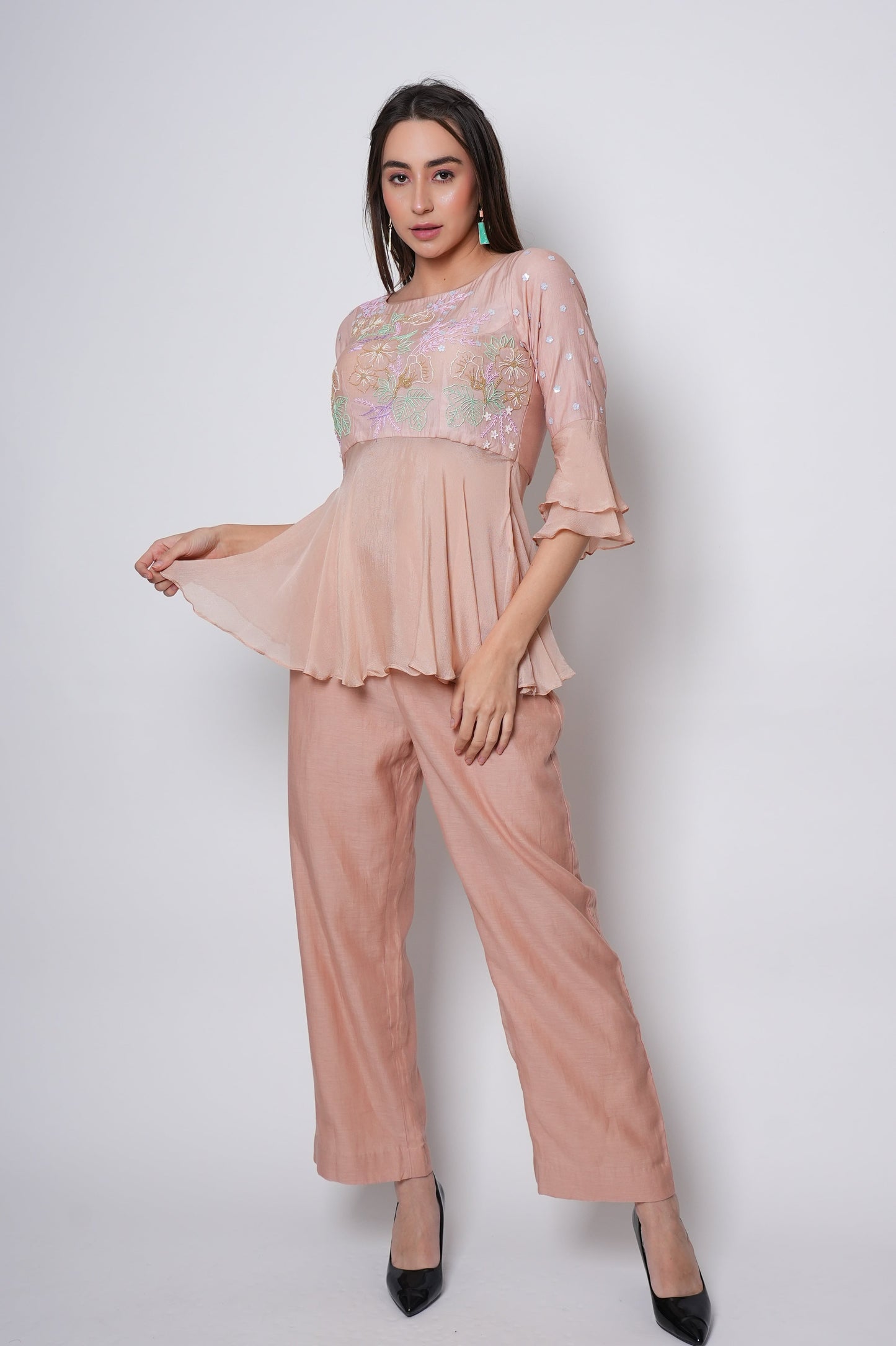 Organic Chanderi 2 Piece Peach Co-ord Set with Hand-Embroidered Floral Bodice