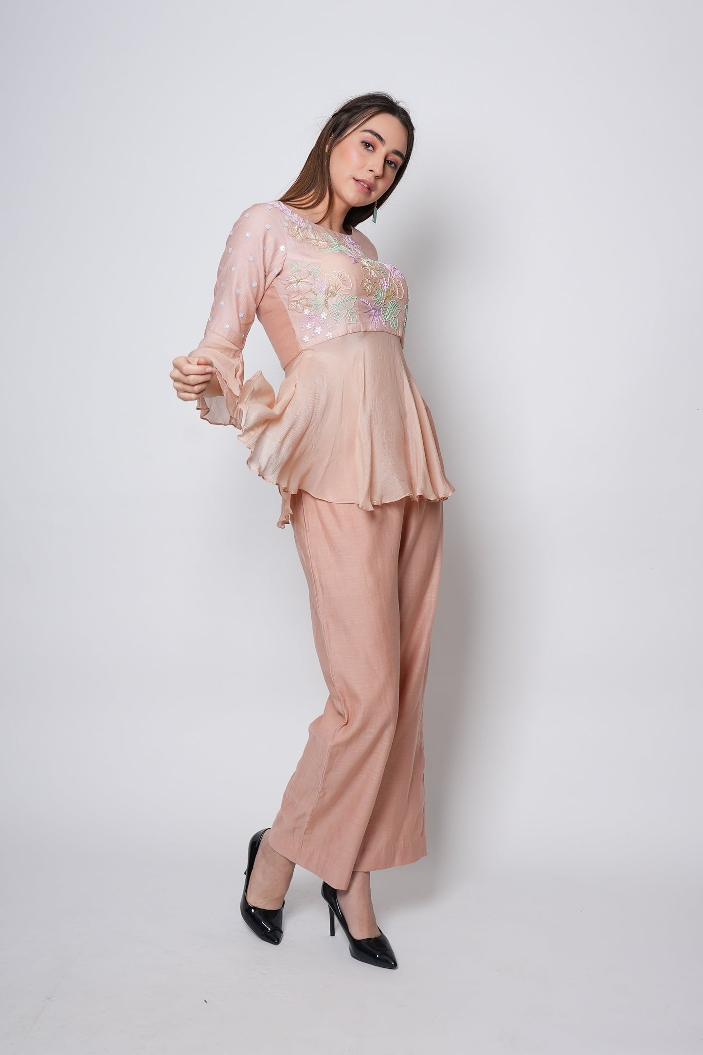 Organic Chanderi 2 Piece Peach Co-ord Set with Hand-Embroidered Floral Bodice