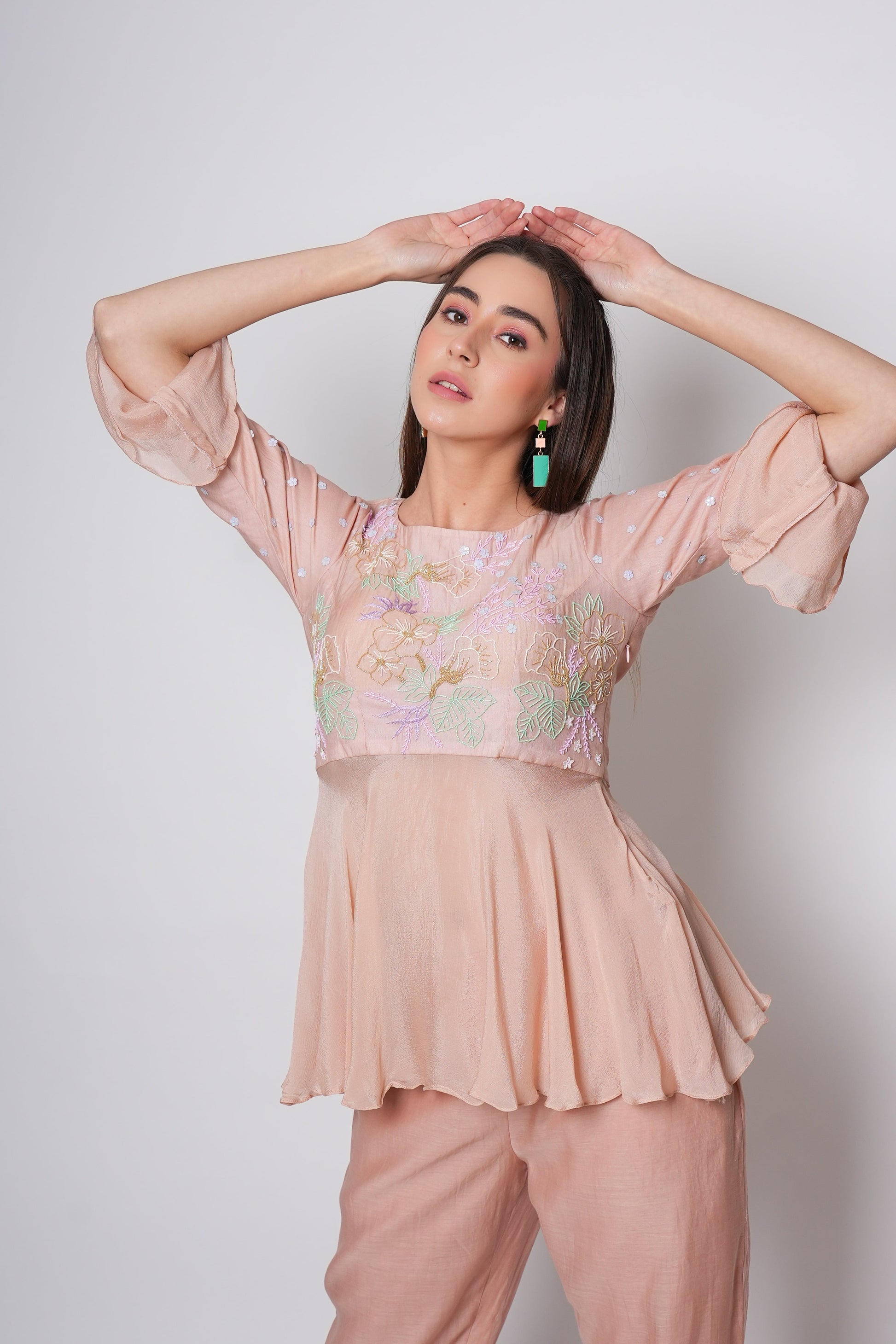 Organic Chanderi 2 Piece Peach Co-ord Set with Hand-Embroidered Floral Bodice