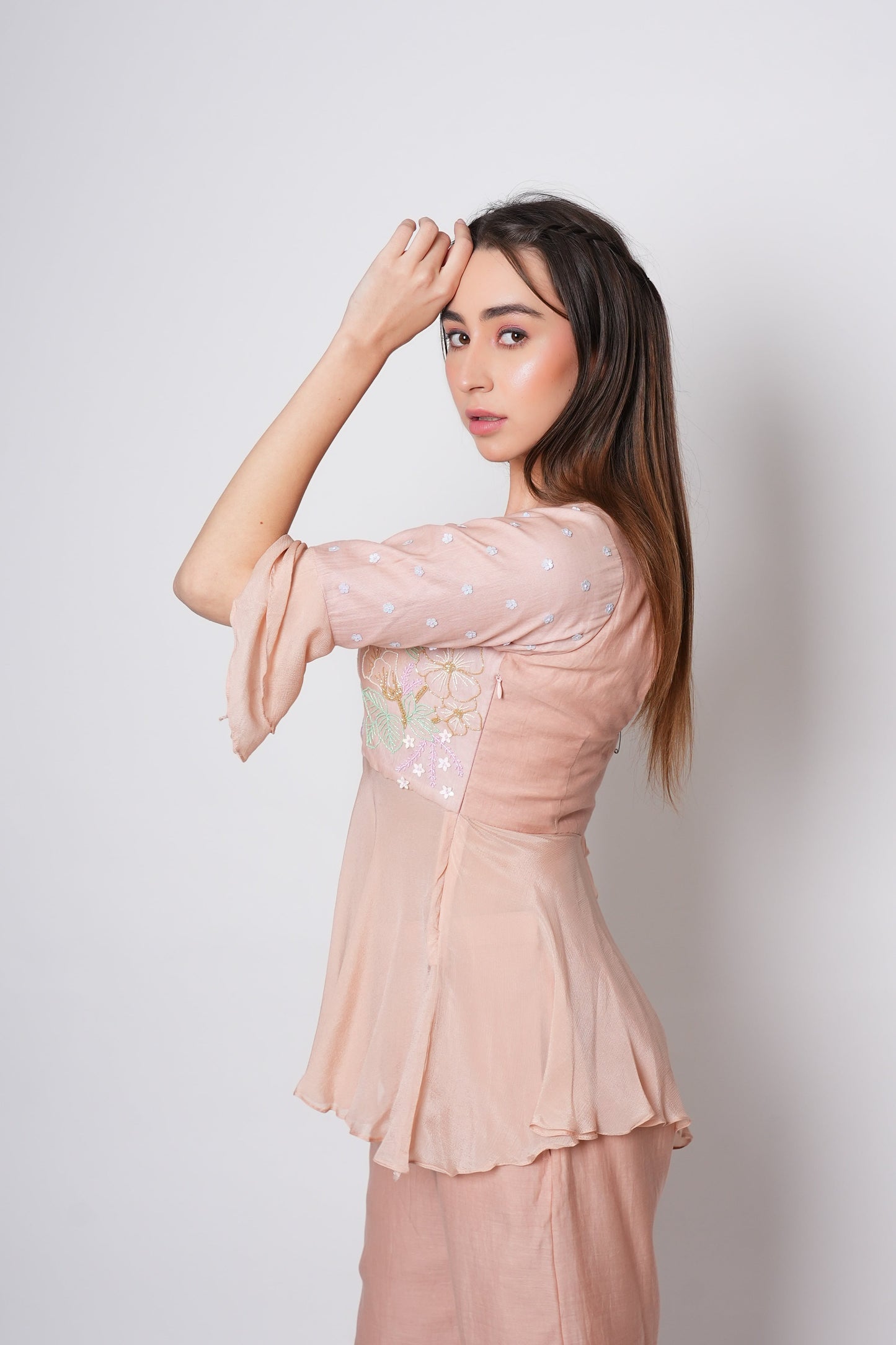 Organic Chanderi 2 Piece Peach Co-ord Set with Hand-Embroidered Floral Bodice