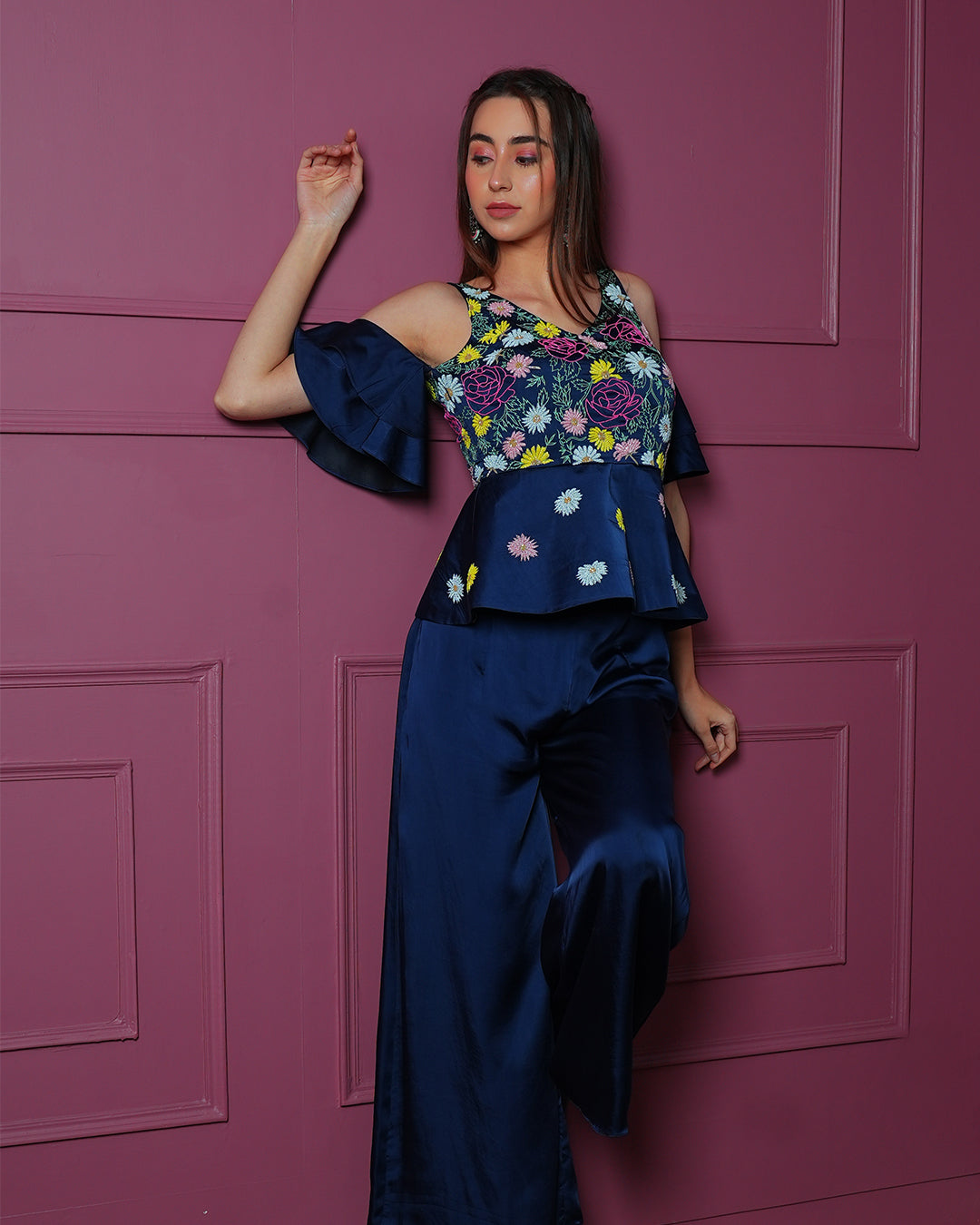 Navy Blue Satin Peplum Outfit with Hand-Embroidered Floral Motifs and Plazos