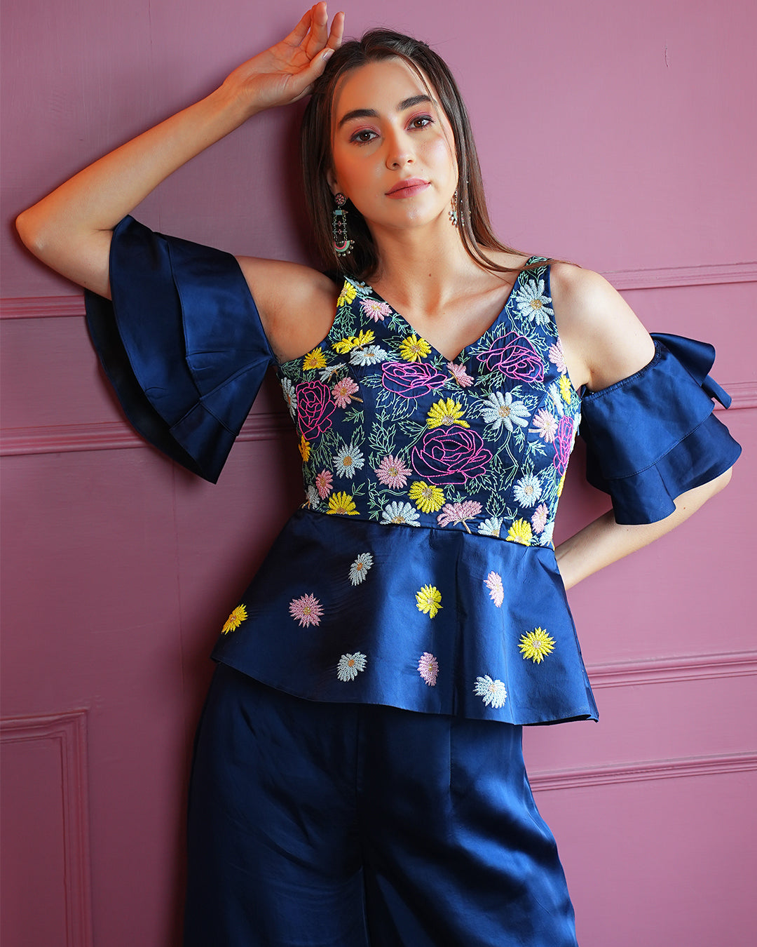 Navy Blue Satin Peplum Outfit with Hand-Embroidered Floral Motifs and Plazos