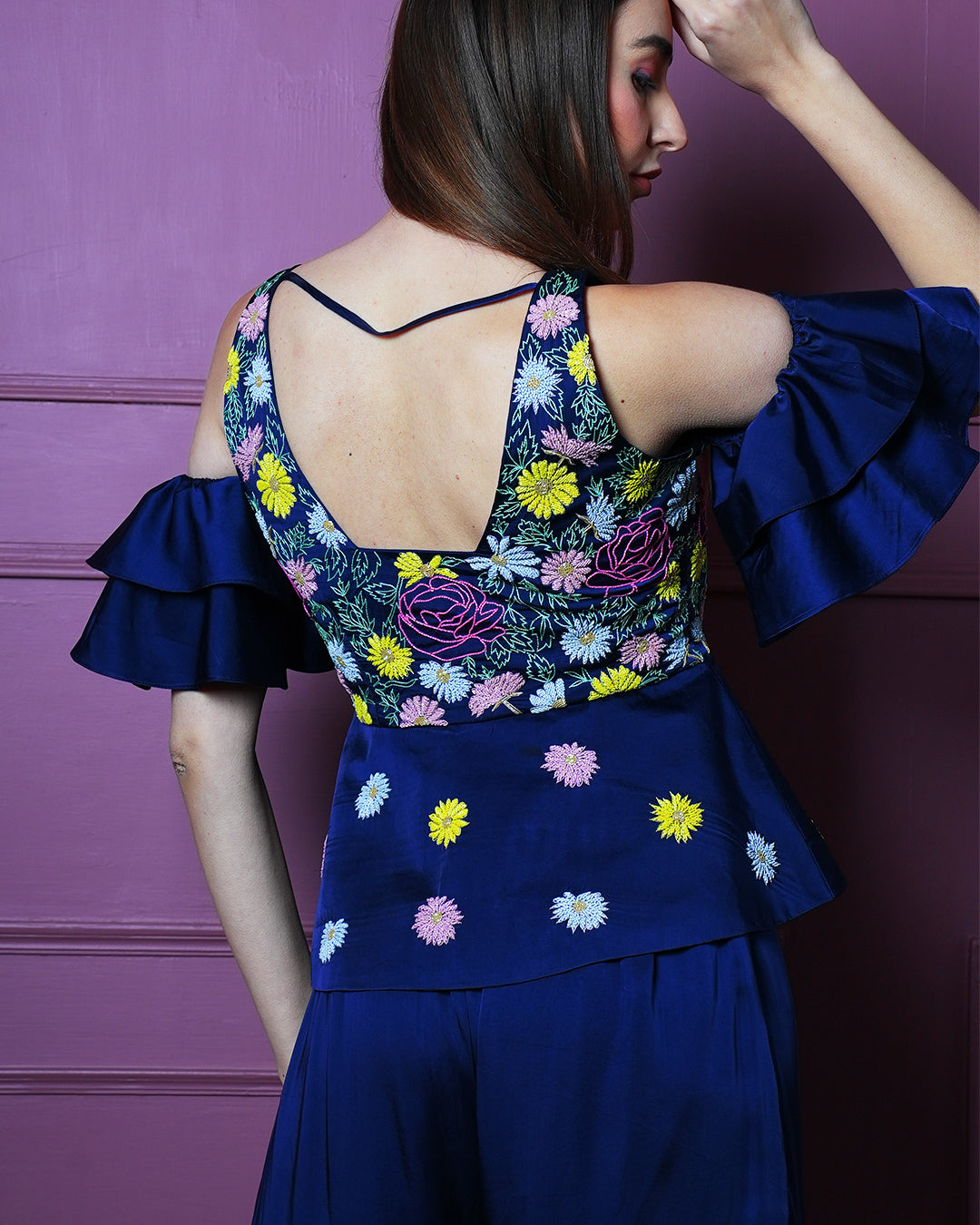 Navy Blue Satin Peplum Outfit with Hand-Embroidered Floral Motifs and Plazos